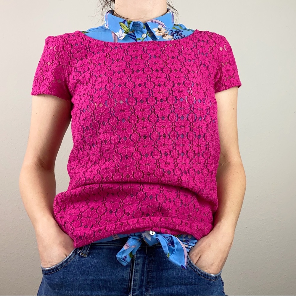 Lilly Pulitzer Fuchsia Pink Poppy Floral Lace Short Sleeve Top
